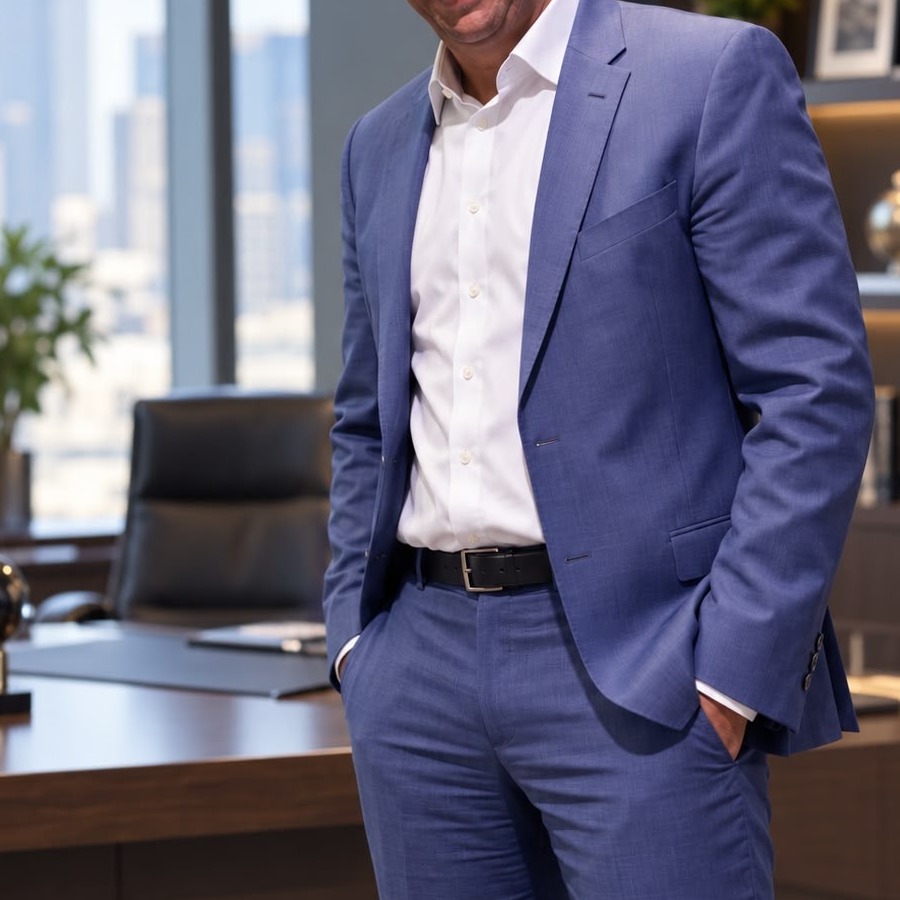 Hamilton Galdino de terno azul em um escritório claro