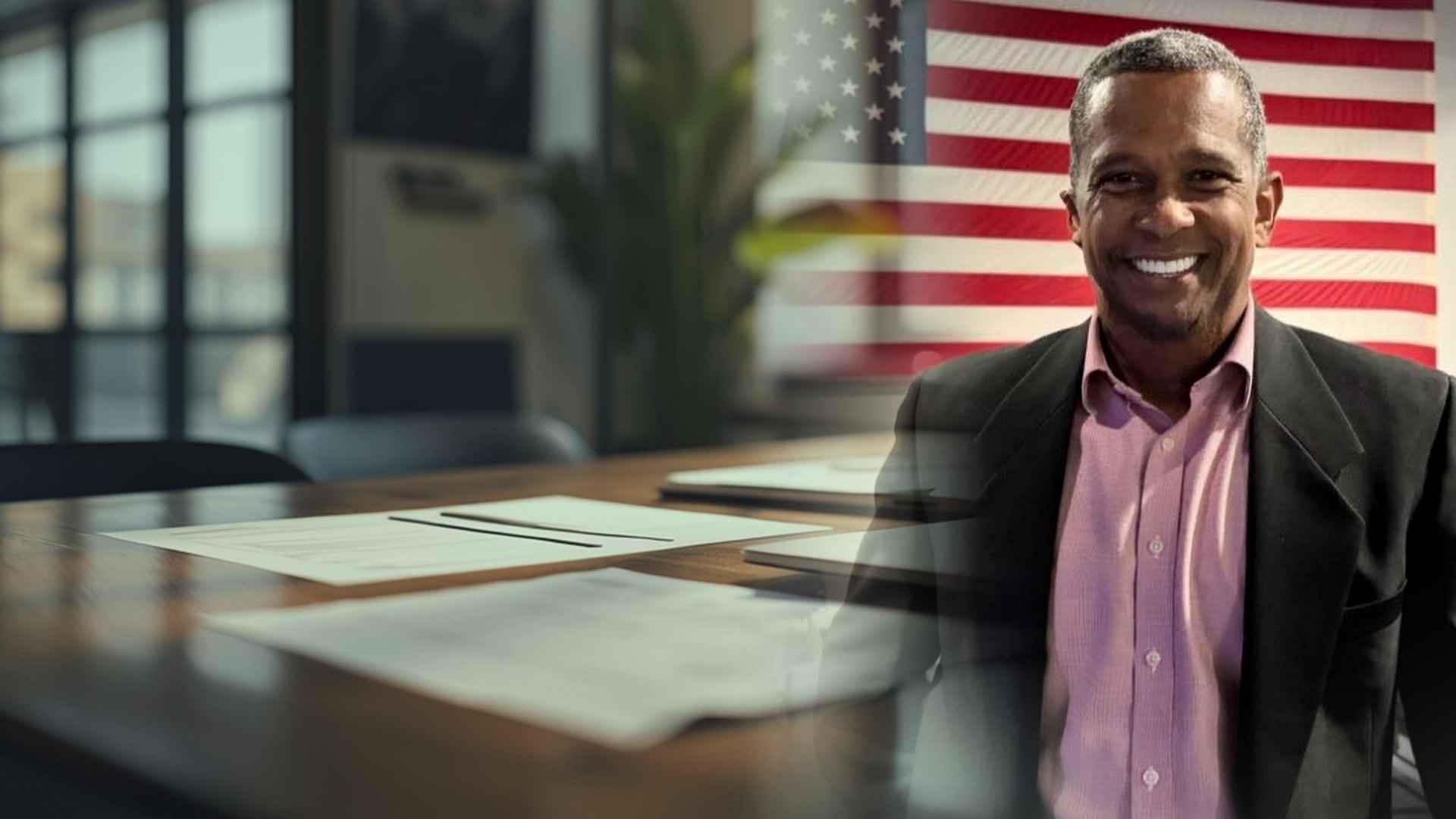 Hamilton Galdino at an office with planning documents on the desk