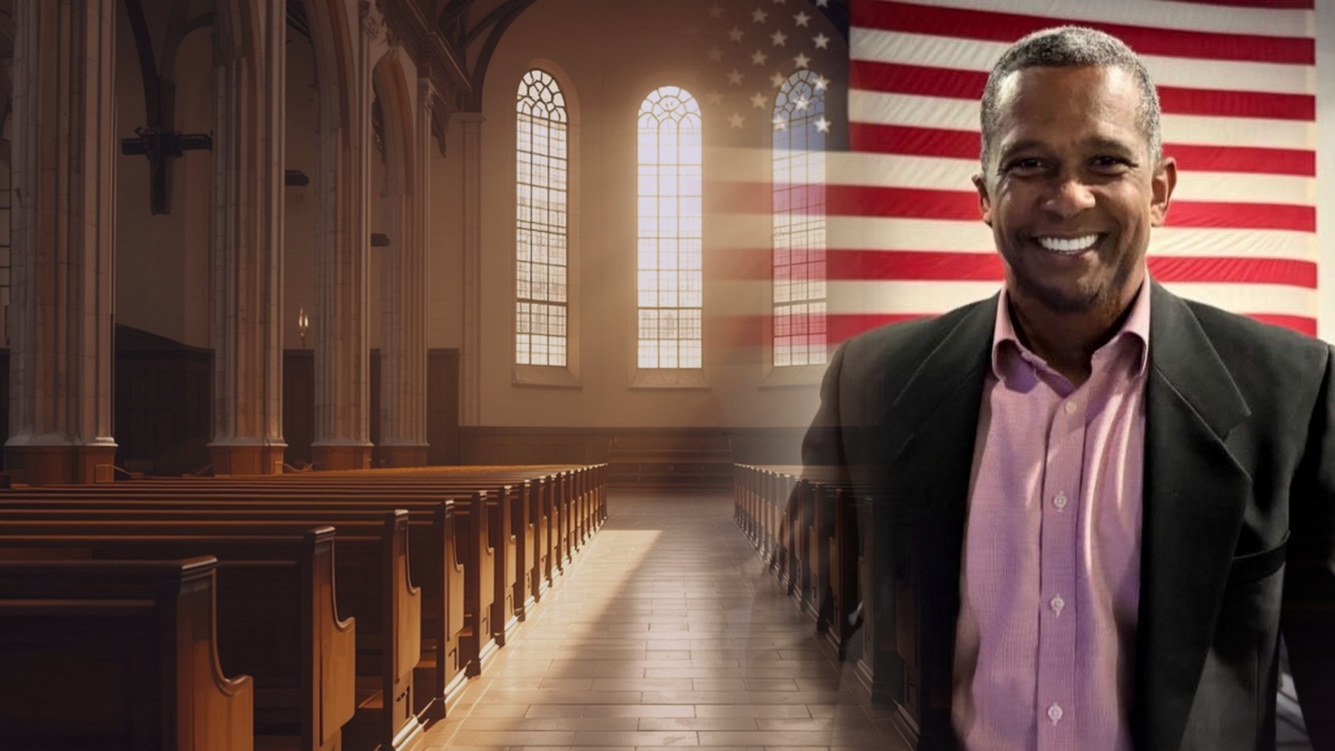 Hamilton Galdino in a church with wooden pews and natural light