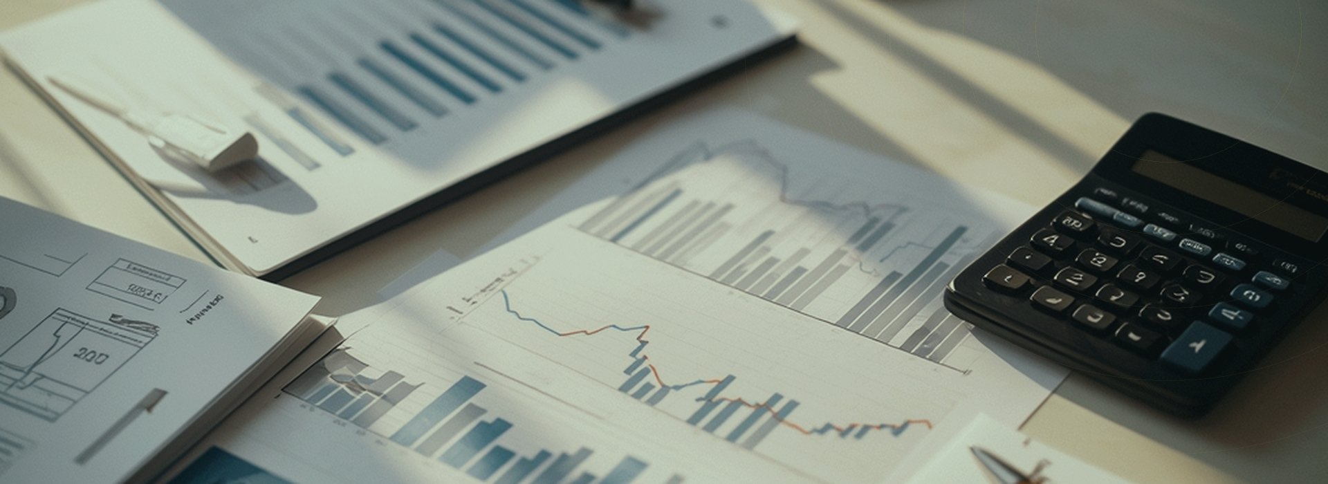 Financial charts, calculator and pen on a bright table